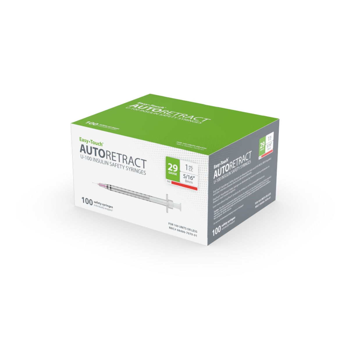 EasyTouch Auto Retract Insulin Safety Syringe, 29G 5/16in 1mL, 429108, Box of 100