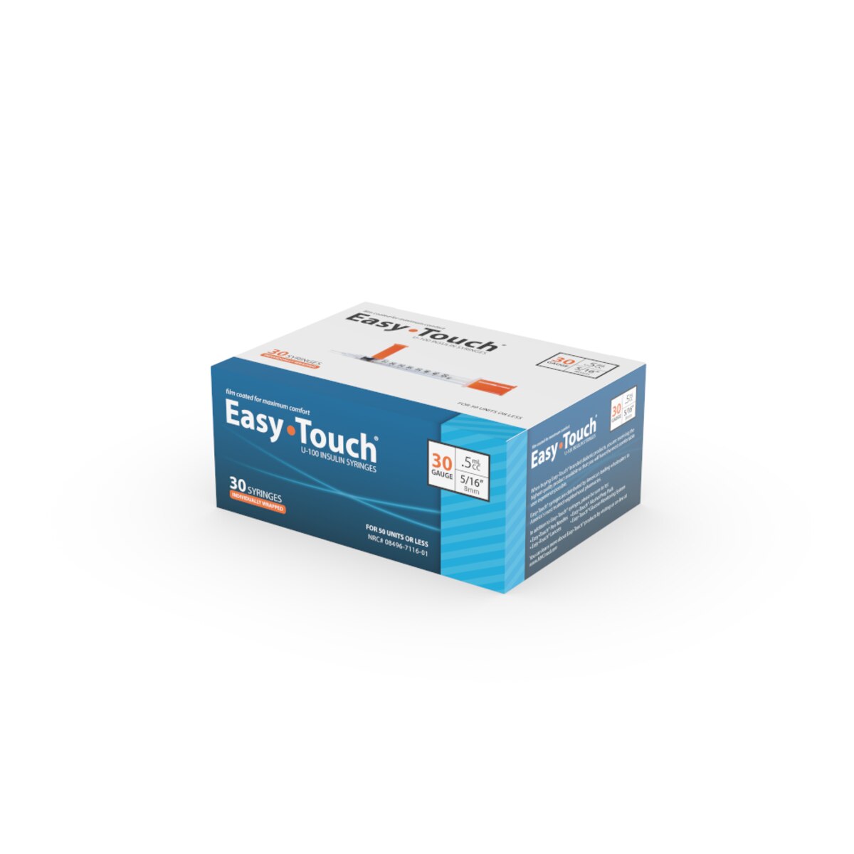 EasyTouch 30G 0.5cc 5/16" (8mm) Individually Wrapped Syringe (30 Pack)