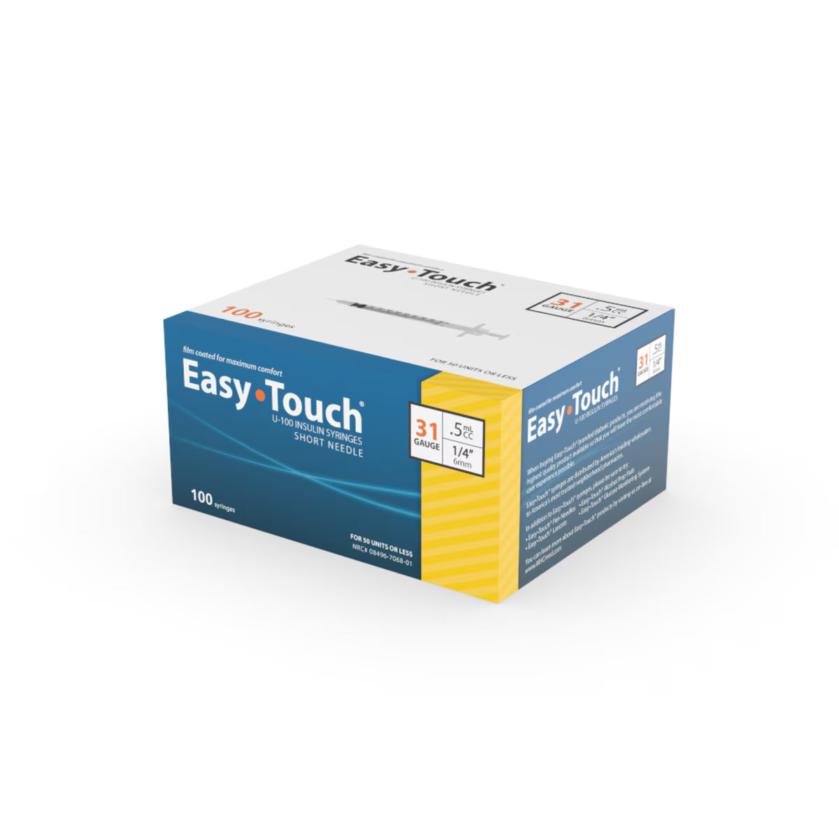 Easy Touch Insulin Syringe, 31G .5cc 1/4-Inch (6mm), 831514, Box of 100