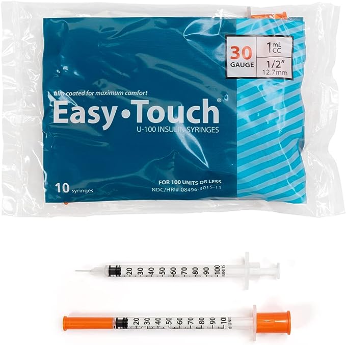 Easy Touch Insulin Syringe, 30G 1cc 1/2-Inch (12.7mm), 830155-10, Bag of 10