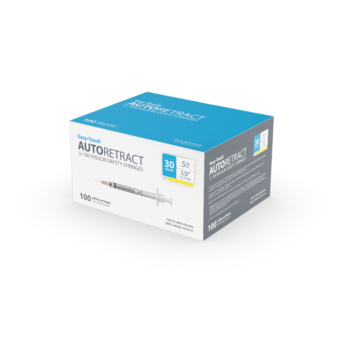 EasyTouch Auto Retract Insulin Safety Syringe, 30G 1/2in .5mL, 430512, Box of 100
