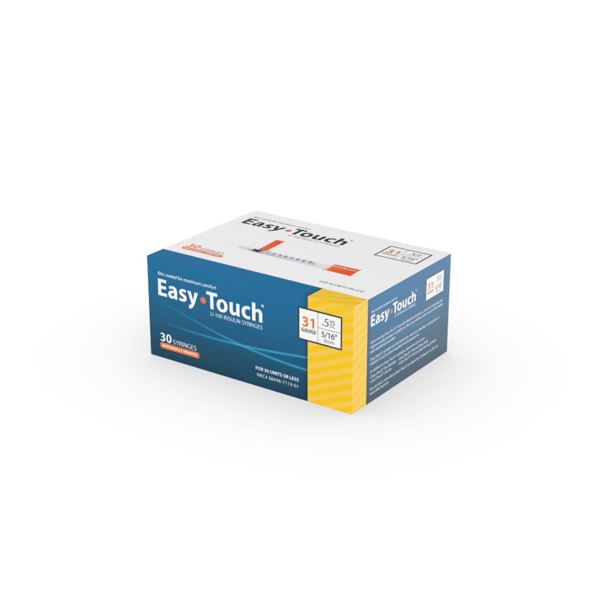 EasyTouch 31G 0.5cc 5/16" (8mm) Individually Wrapped Syringe (30 Pack)