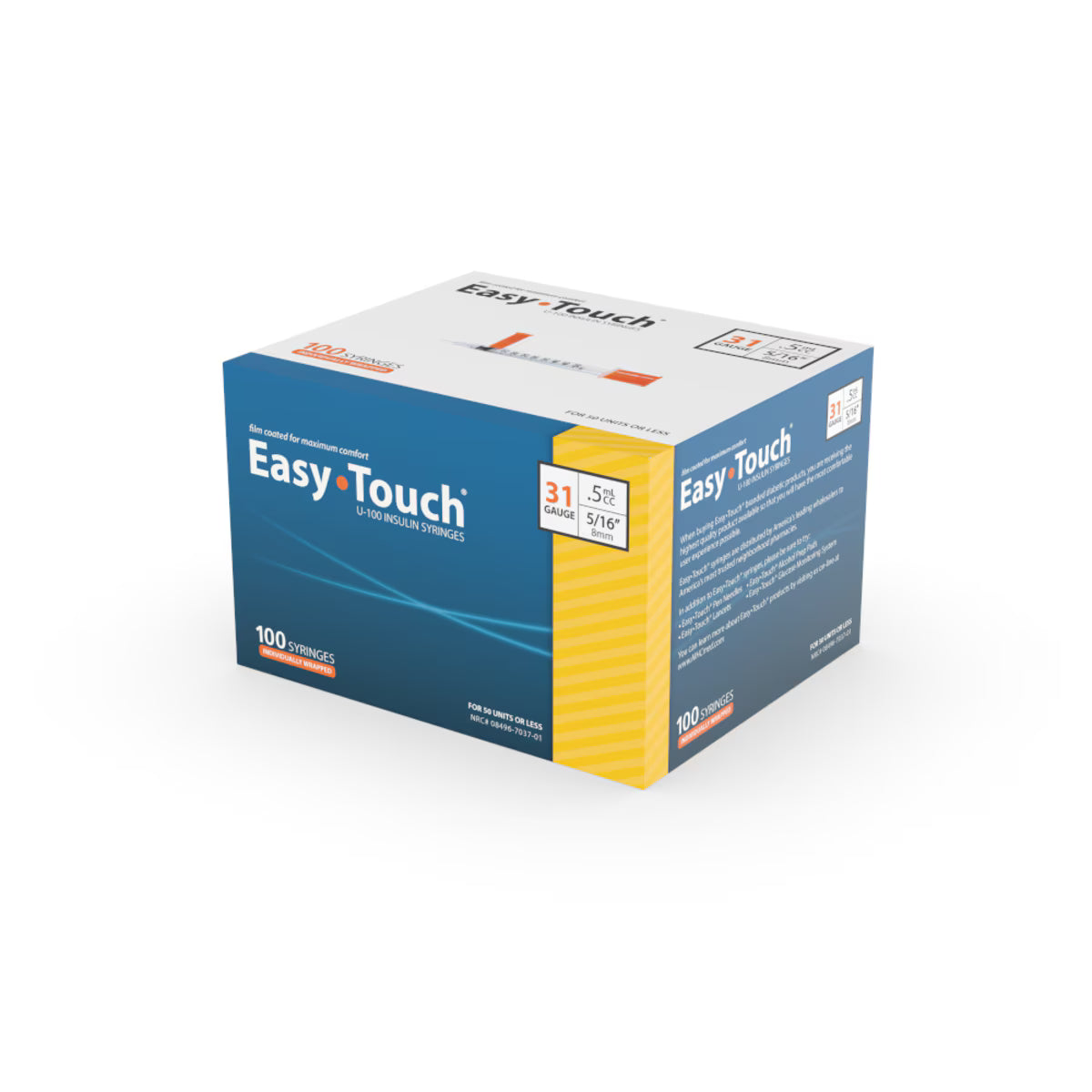 EasyTouch 31G 0.5cc 5/16" (8mm) Individually Wrapped Syringe (100 Pack)