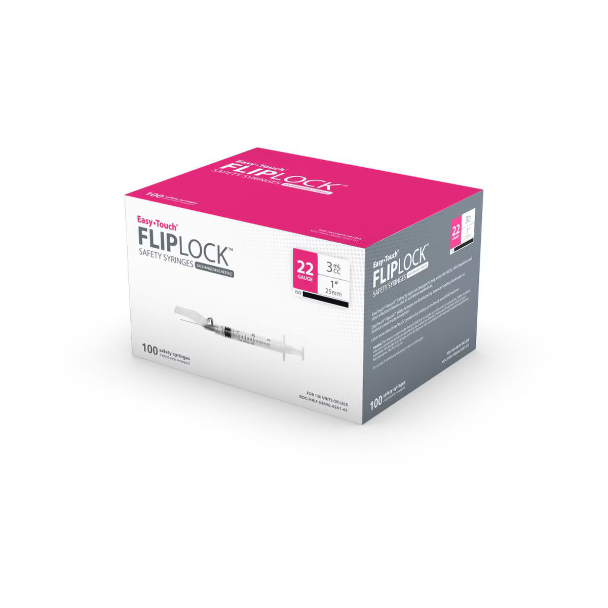 EasyTouch Fluringe FlipLock Safety Syringe with Exchangeable Needle, 22G x 1" (25mm), 3mL (3cc)