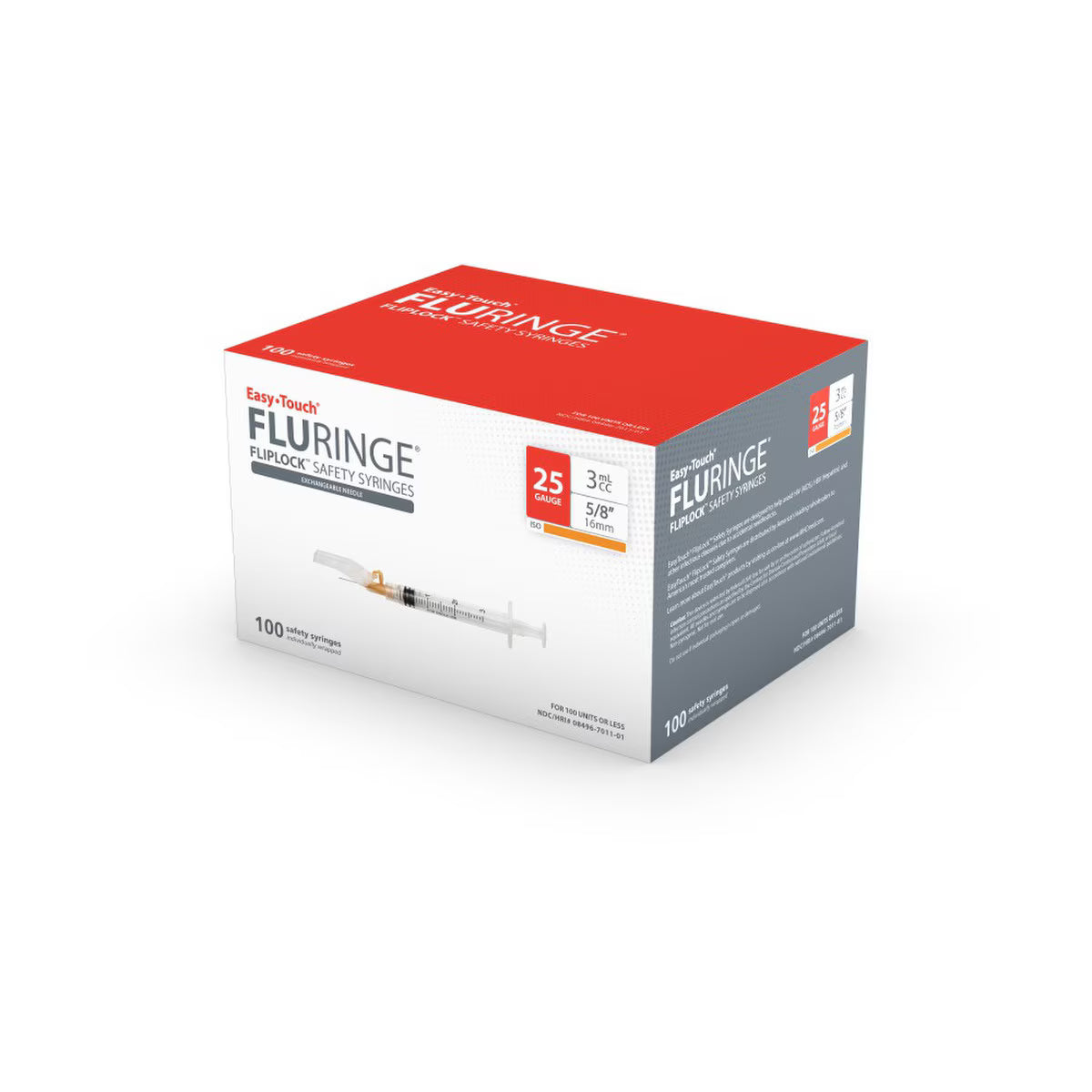EasyTouch Fluringe FlipLock Safety Syringe with Exchangeable Needle, 25G x 5/8" (16mm), 3mL (3cc)