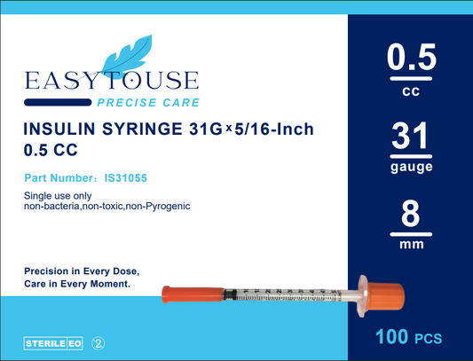 EasytoUse U-100 Insulin Syringes, 31G x 5/16" (8mm), 0.5cc, Individually Wrapped, 100 Count