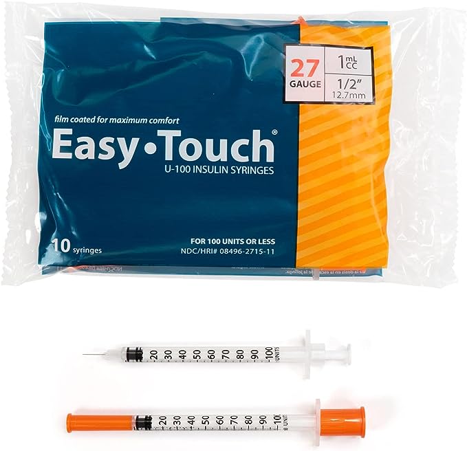 Easy Touch Insulin Syringe, 27G 1cc 1/2-Inch (12.7mm), 827155-10, Bag